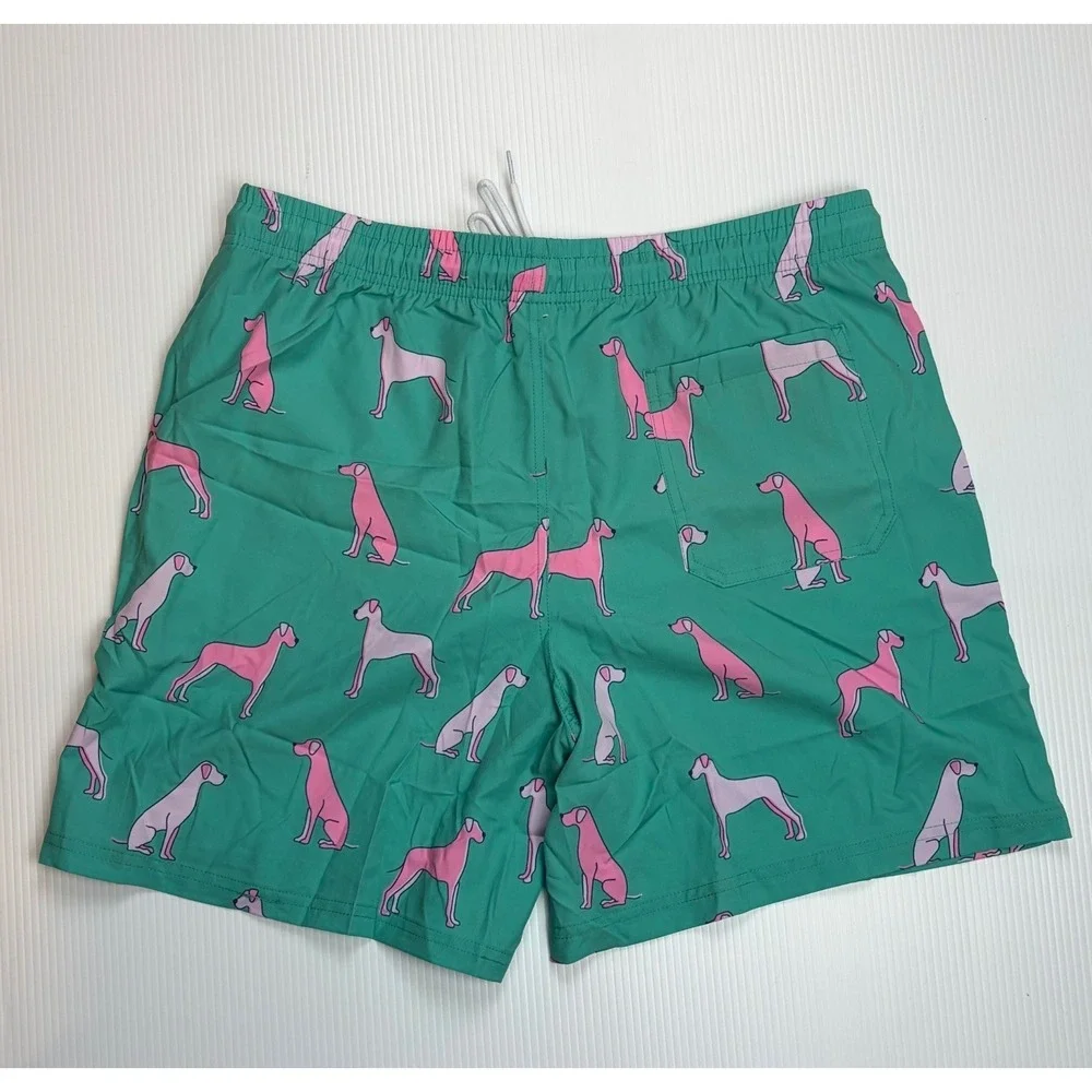 Mens Tropical Dog Print Swim Trunks Teal‎ Pink Retro Preppy Board Shorts